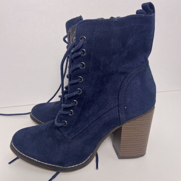 Candies Blue Suede Ankle Boot Women's 9M Side Zipper, Lace-up, 3.5" Heel - Picture 2 of 7